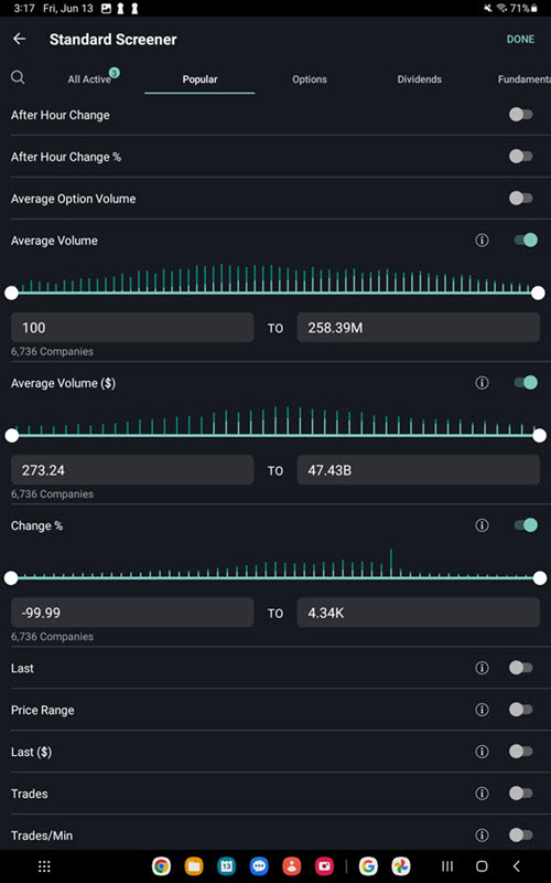 The Standard Screener Additional Parameters on the Android Tablet